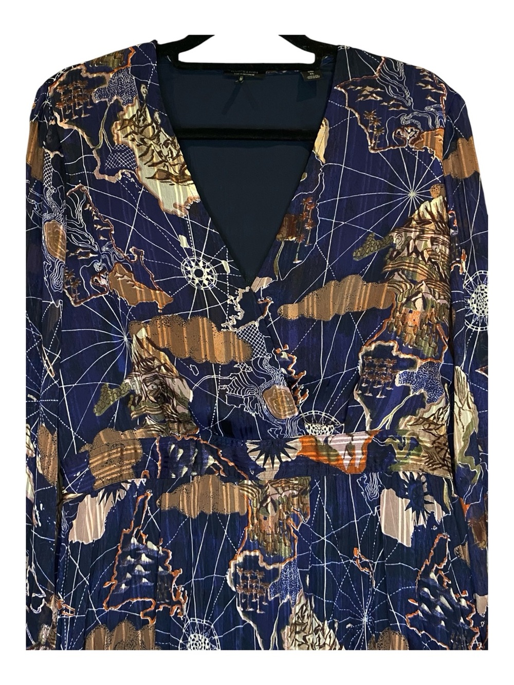 Scotch & Soda Size XL Navy Blue Map Print Pleated Midi Dress Long Sleeve EUC - Picture 3 of 13